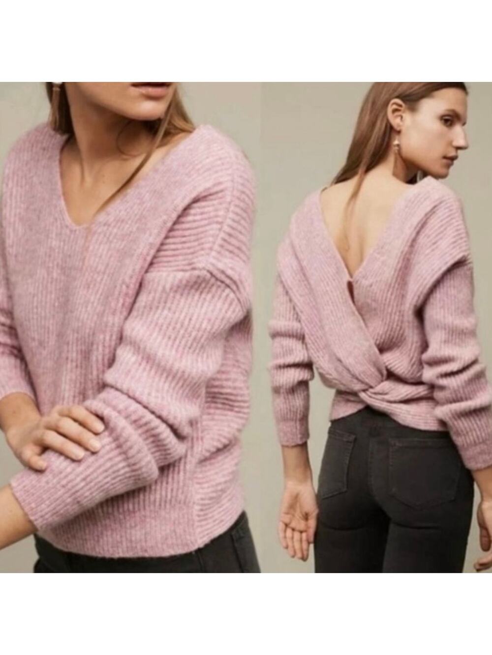NEW Angel Of the North Anthropologie Pink Heather Wool V-Neck Sweater Small